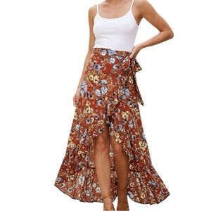 Blue Life Floral Ruffle Wrap Maxi Skirt Rust Orange Boho Festival Size Small